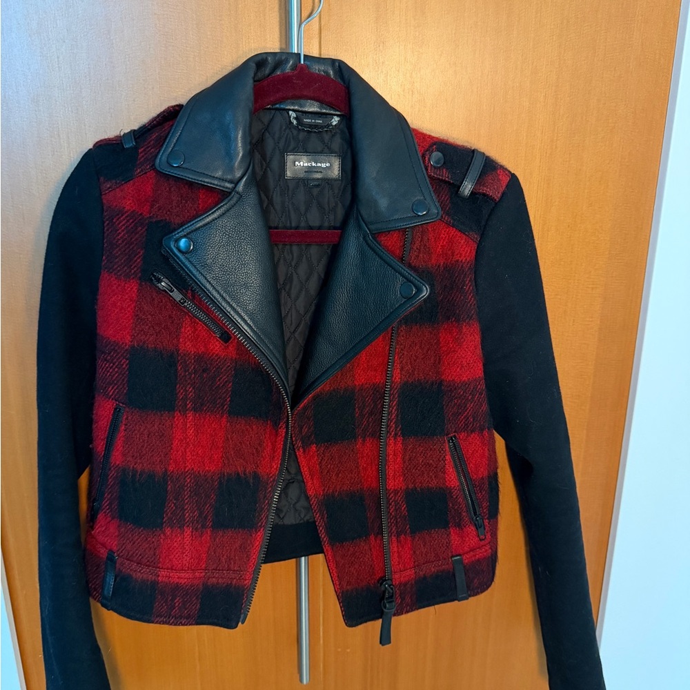 Mackage Red and Black Leather Plaid Jacket